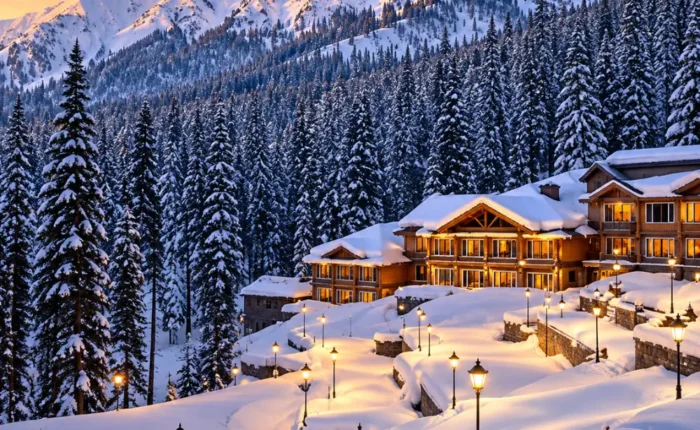 Snow-covered mountain resort in Kashmir surrounded by pine forests and Himalayan peaks at sunset