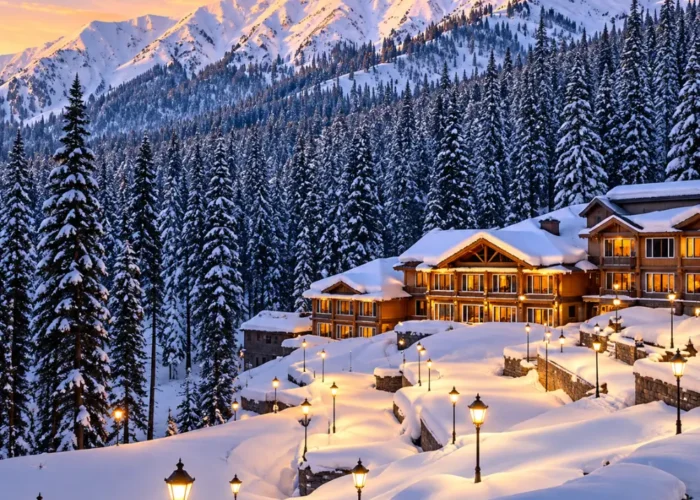 Snow-covered mountain resort in Kashmir surrounded by pine forests and Himalayan peaks at sunset