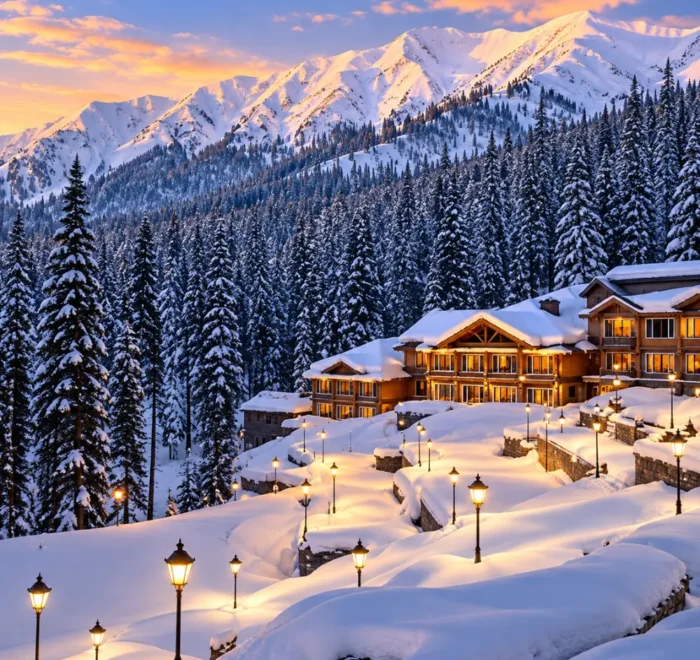 Snow-covered mountain resort in Kashmir surrounded by pine forests and Himalayan peaks at sunset