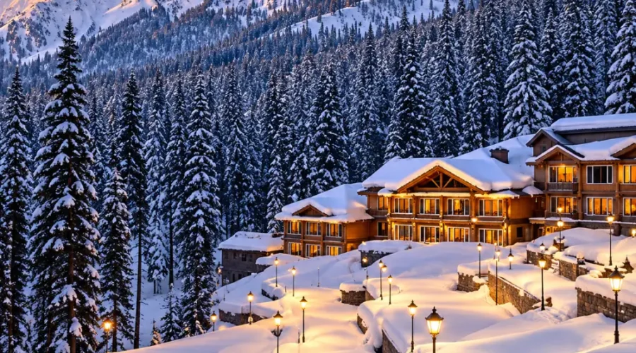 Snow-covered mountain resort in Kashmir surrounded by pine forests and Himalayan peaks at sunset