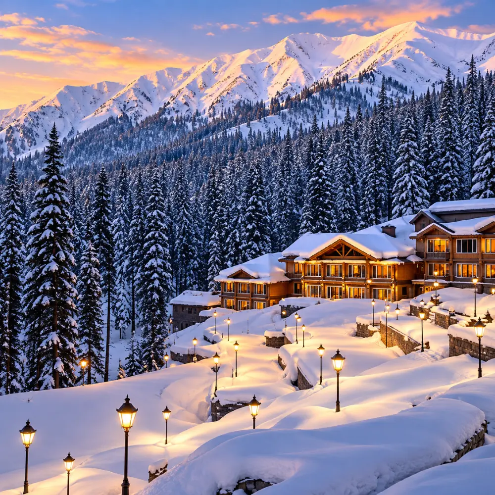 Snow-covered mountain resort in Kashmir surrounded by pine forests and Himalayan peaks at sunset