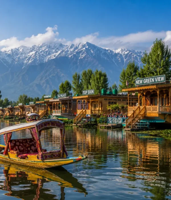 Srinagar houseboat on Dal Lake with calm water, wooden shikara, Himalayan hills and clear morning daylight.