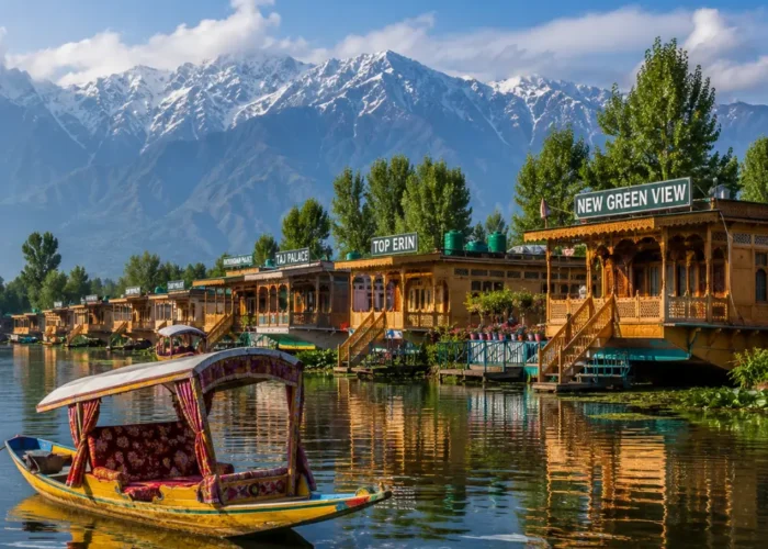 Srinagar houseboat on Dal Lake with calm water, wooden shikara, Himalayan hills and clear morning daylight.