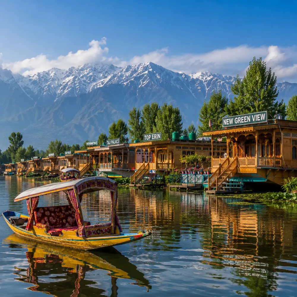 Srinagar houseboat on Dal Lake with calm water, wooden shikara, Himalayan hills and clear morning daylight.