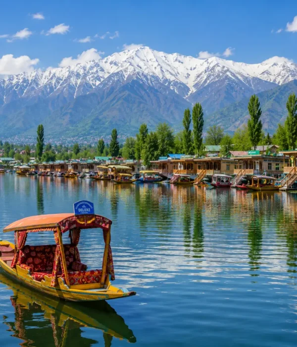 Srinagar with Dal Lake, shikaras, Mughal gardens, wooden houseboats and Himalayan mountains in clear morning light.