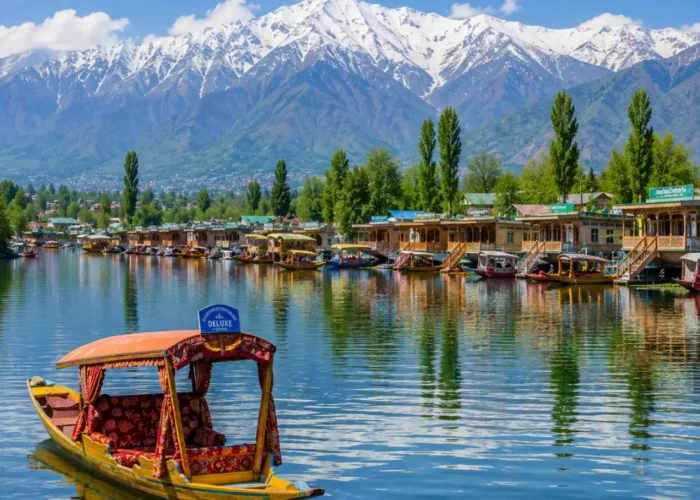 Srinagar with Dal Lake, shikaras, Mughal gardens, wooden houseboats and Himalayan mountains in clear morning light.