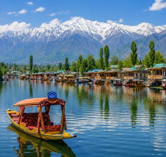 Srinagar with Dal Lake, shikaras, Mughal gardens, wooden houseboats and Himalayan mountains in clear morning light.