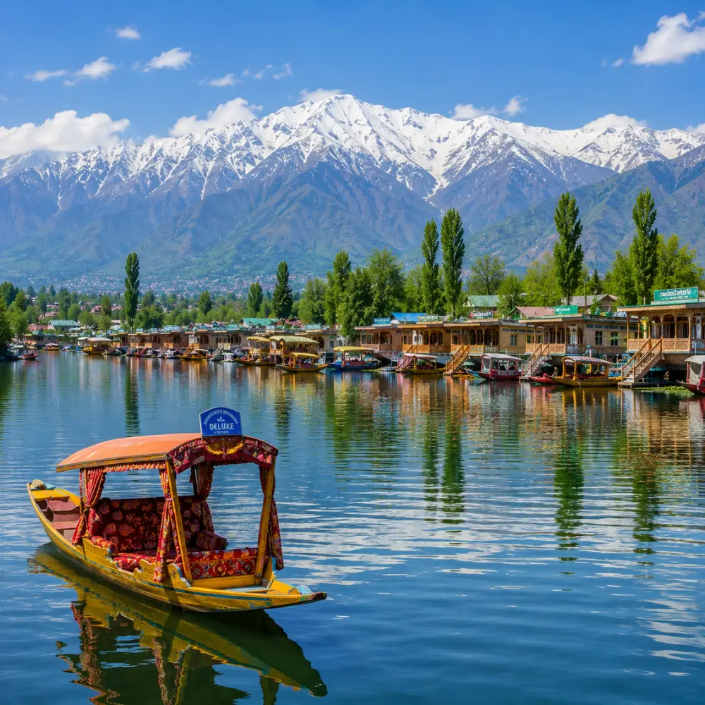 Srinagar with Dal Lake, shikaras, Mughal gardens, wooden houseboats and Himalayan mountains in clear morning light.