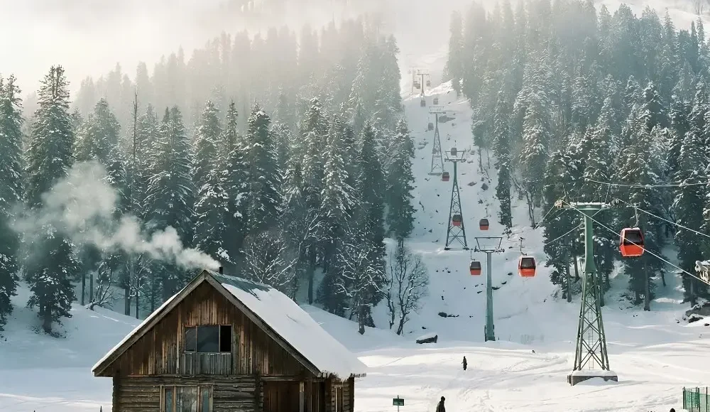 Kashmir Family Delight package with snowy mountains, pine forest, gondola ride, wooden cabin and winter holiday scenery
