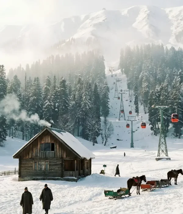 Kashmir Family Delight package with snowy mountains, pine forest, gondola ride, wooden cabin and winter holiday scenery