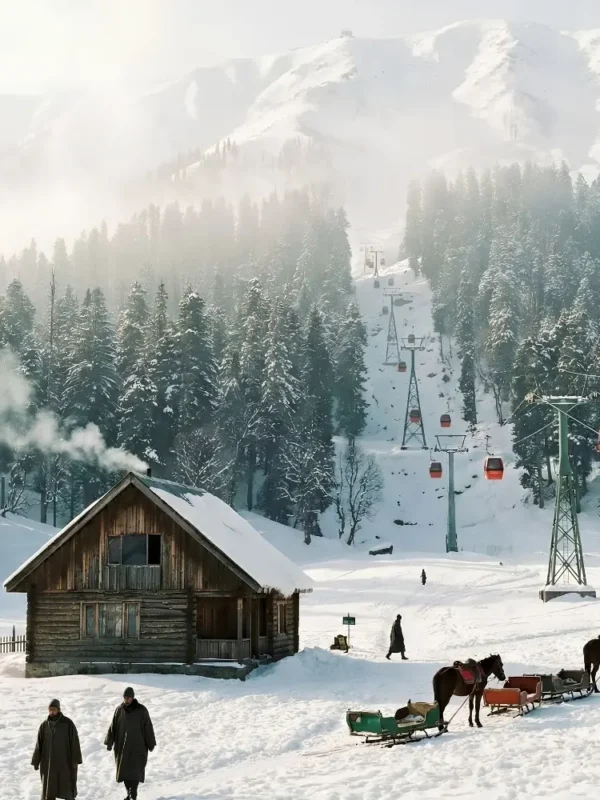 Kashmir Family Delight package with snowy mountains, pine forest, gondola ride, wooden cabin and winter holiday scenery