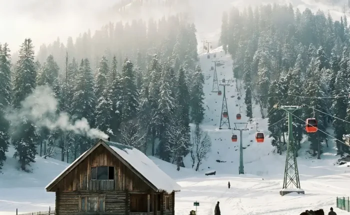 Kashmir Family Delight package with snowy mountains, pine forest, gondola ride, wooden cabin and winter holiday scenery