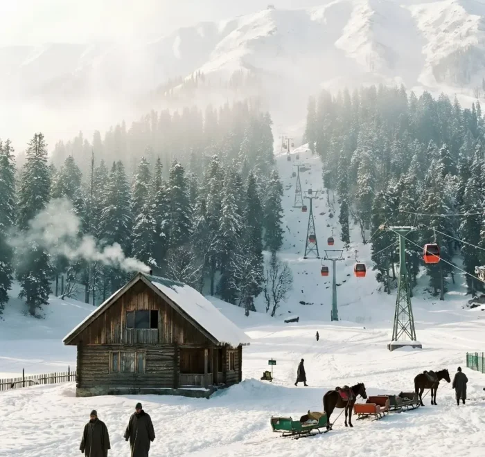 Kashmir Family Delight package with snowy mountains, pine forest, gondola ride, wooden cabin and winter holiday scenery