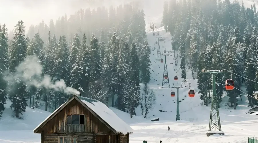 Kashmir Family Delight package with snowy mountains, pine forest, gondola ride, wooden cabin and winter holiday scenery