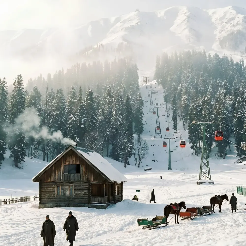 Kashmir Family Delight package with snowy mountains, pine forest, gondola ride, wooden cabin and winter holiday scenery