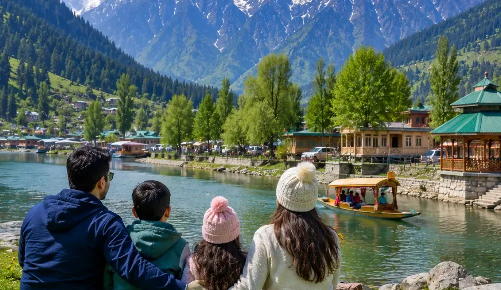 Family enjoying Kashmir with Dal Lake, green valleys, pine forests, shikaras and snowy Himalayan mountains in morning light.