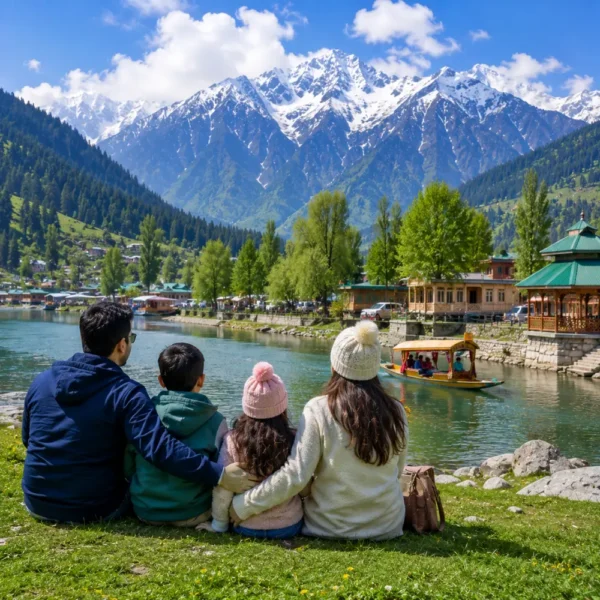 Family enjoying Kashmir with Dal Lake, green valleys, pine forests, shikaras and snowy Himalayan mountains in morning light.