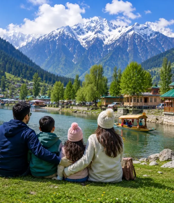 Family enjoying Kashmir with Dal Lake, green valleys, pine forests, shikaras and snowy Himalayan mountains in morning light.