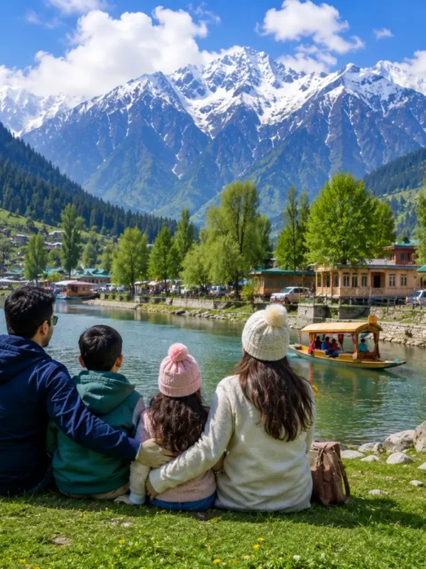 Family enjoying Kashmir with Dal Lake, green valleys, pine forests, shikaras and snowy Himalayan mountains in morning light.