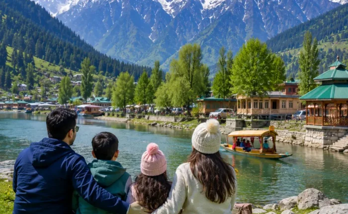 Family enjoying Kashmir with Dal Lake, green valleys, pine forests, shikaras and snowy Himalayan mountains in morning light.