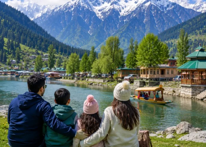 Family enjoying Kashmir with Dal Lake, green valleys, pine forests, shikaras and snowy Himalayan mountains in morning light.