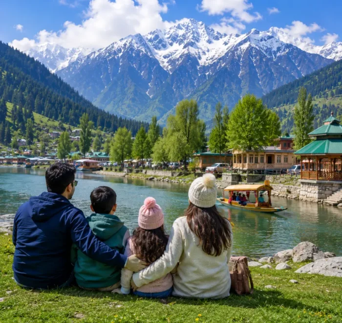 Family enjoying Kashmir with Dal Lake, green valleys, pine forests, shikaras and snowy Himalayan mountains in morning light.