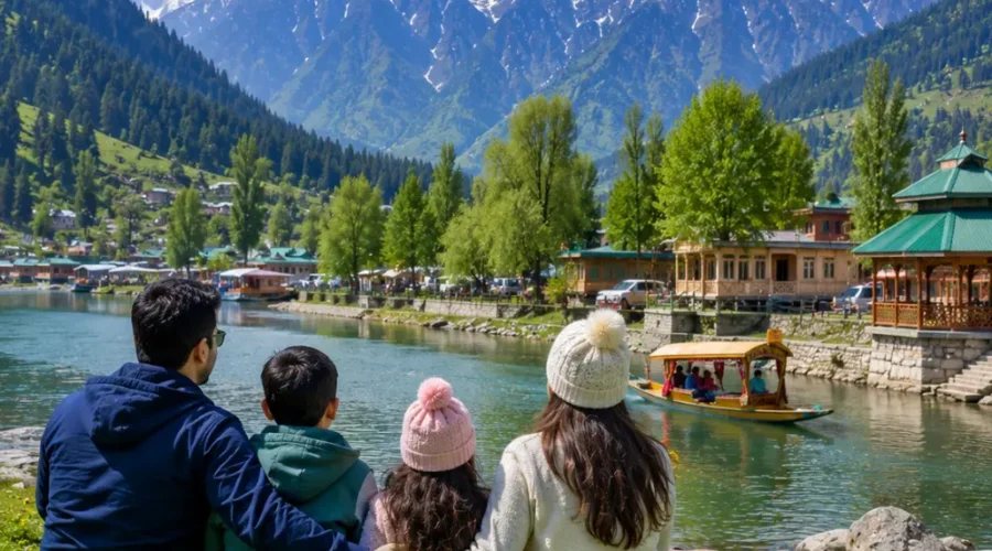 Family enjoying Kashmir with Dal Lake, green valleys, pine forests, shikaras and snowy Himalayan mountains in morning light.