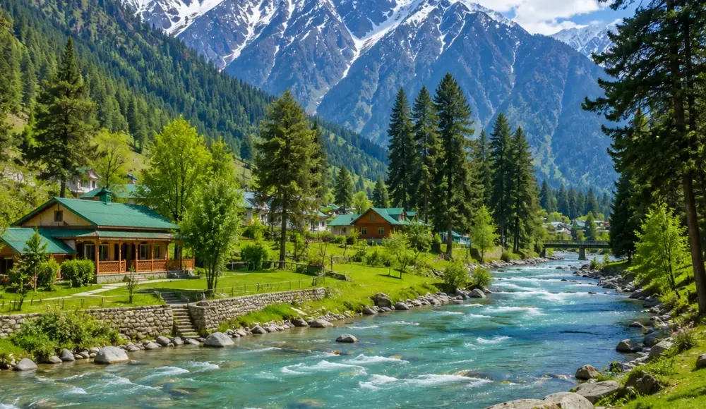 Pahalgam valley with Lidder River, pine forests, green meadows and Himalayan mountains in clear morning light.