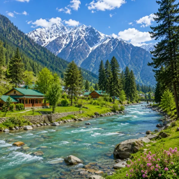 Pahalgam valley with Lidder River, pine forests, green meadows and Himalayan mountains in clear morning light.