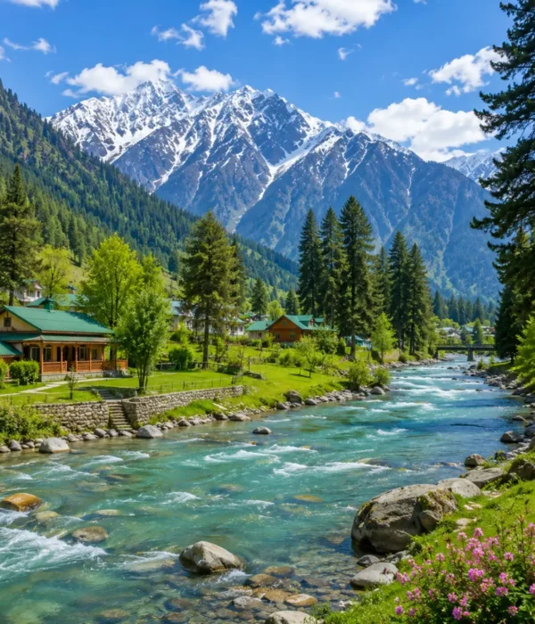 Pahalgam valley with Lidder River, pine forests, green meadows and Himalayan mountains in clear morning light.