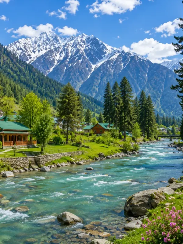 Pahalgam valley with Lidder River, pine forests, green meadows and Himalayan mountains in clear morning light.