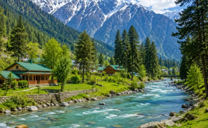 Pahalgam valley with Lidder River, pine forests, green meadows and Himalayan mountains in clear morning light.