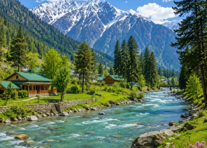 Pahalgam valley with Lidder River, pine forests, green meadows and Himalayan mountains in clear morning light.