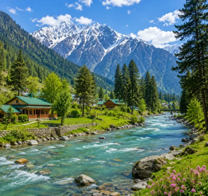 Pahalgam valley with Lidder River, pine forests, green meadows and Himalayan mountains in clear morning light.