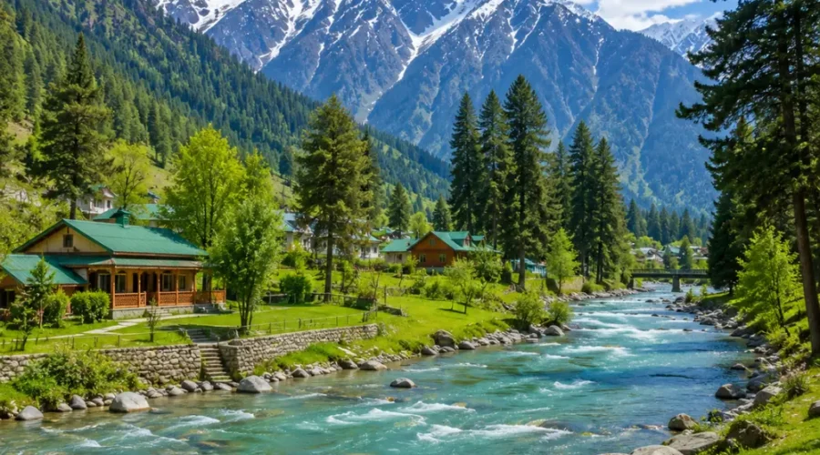 Pahalgam valley with Lidder River, pine forests, green meadows and Himalayan mountains in clear morning light.