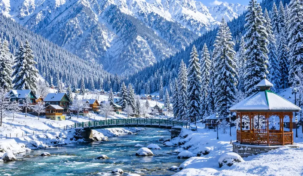 Kashmir with snow-covered valleys, pine forests, frozen meadows and Himalayan mountains in clear morning light.