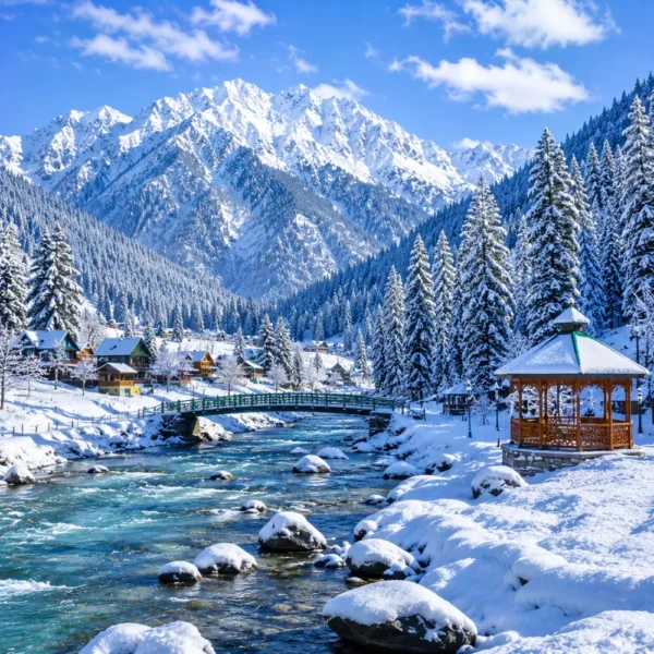 Kashmir with snow-covered valleys, pine forests, frozen meadows and Himalayan mountains in clear morning light.