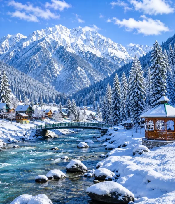 Kashmir with snow-covered valleys, pine forests, frozen meadows and Himalayan mountains in clear morning light.