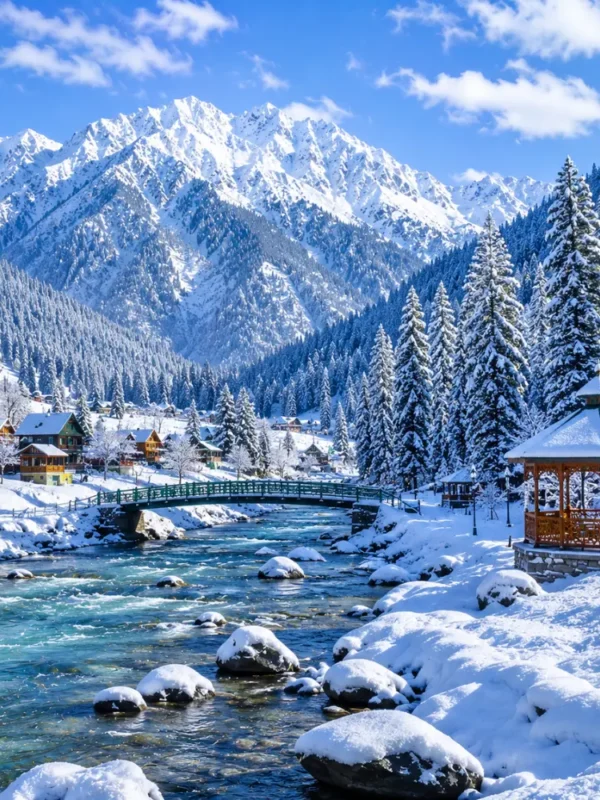 Kashmir with snow-covered valleys, pine forests, frozen meadows and Himalayan mountains in clear morning light.