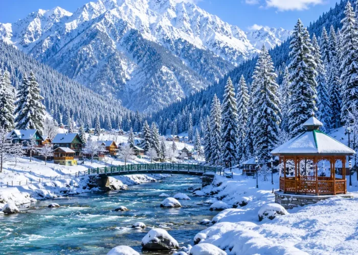 Kashmir with snow-covered valleys, pine forests, frozen meadows and Himalayan mountains in clear morning light.