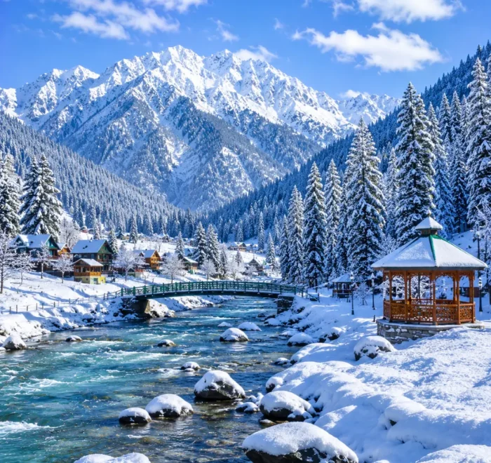Kashmir with snow-covered valleys, pine forests, frozen meadows and Himalayan mountains in clear morning light.