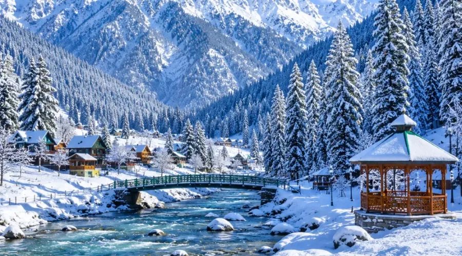Kashmir with snow-covered valleys, pine forests, frozen meadows and Himalayan mountains in clear morning light.