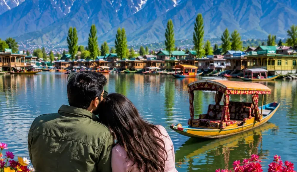 Couple enjoying Kashmir with Dal Lake, shikara boat, green valleys and snow-capped Himalayan mountains in morning light.