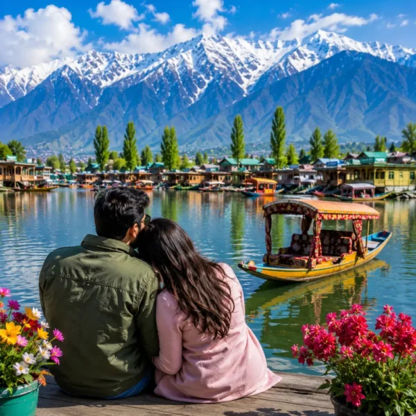 Couple enjoying Kashmir with Dal Lake, shikara boat, green valleys and snow-capped Himalayan mountains in morning light.