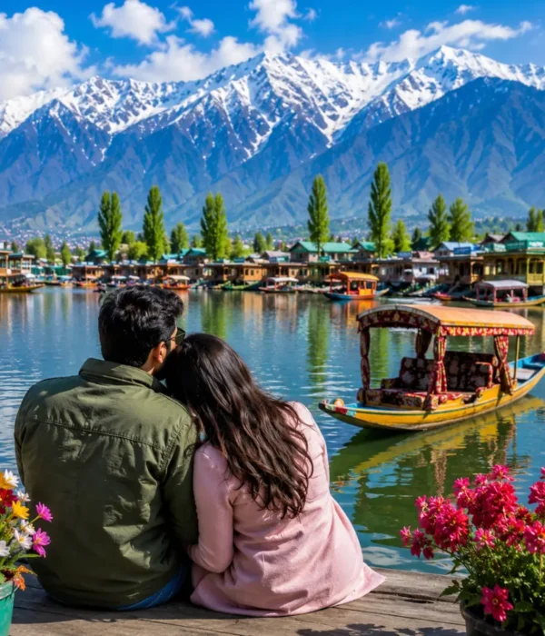 Couple enjoying Kashmir with Dal Lake, shikara boat, green valleys and snow-capped Himalayan mountains in morning light.