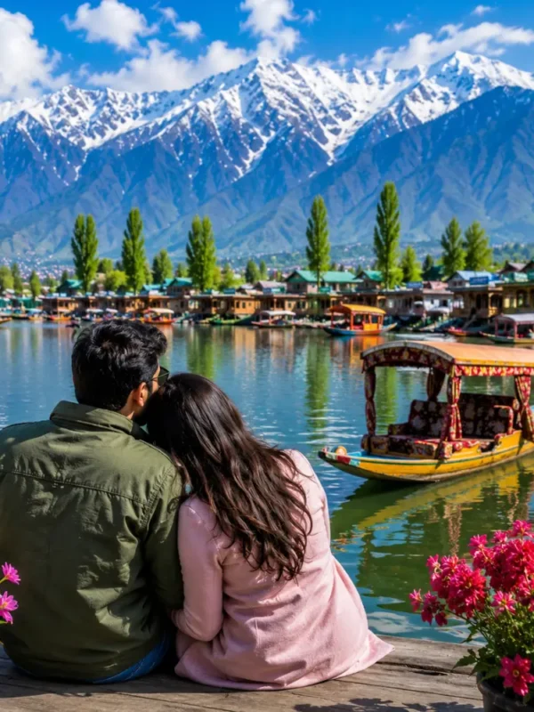 Couple enjoying Kashmir with Dal Lake, shikara boat, green valleys and snow-capped Himalayan mountains in morning light.