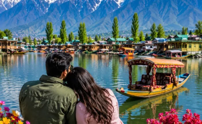 Couple enjoying Kashmir with Dal Lake, shikara boat, green valleys and snow-capped Himalayan mountains in morning light.