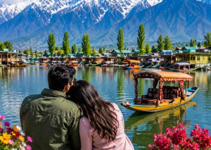 Couple enjoying Kashmir with Dal Lake, shikara boat, green valleys and snow-capped Himalayan mountains in morning light.