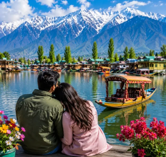 Couple enjoying Kashmir with Dal Lake, shikara boat, green valleys and snow-capped Himalayan mountains in morning light.