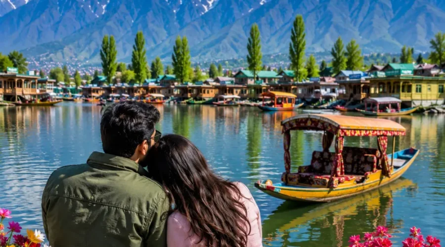 Couple enjoying Kashmir with Dal Lake, shikara boat, green valleys and snow-capped Himalayan mountains in morning light.